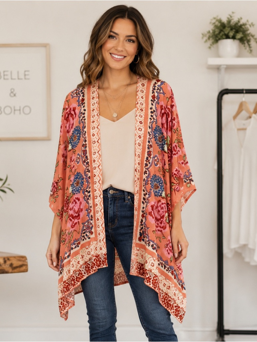 Angie Coral Pink Floral Open Kimono